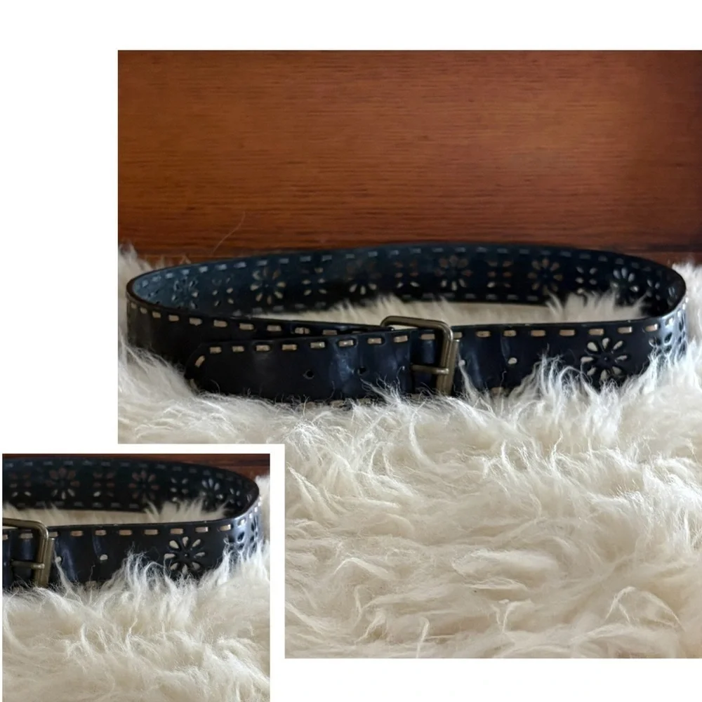 Black Leather Floral Cutout Belt with Tan Stitching